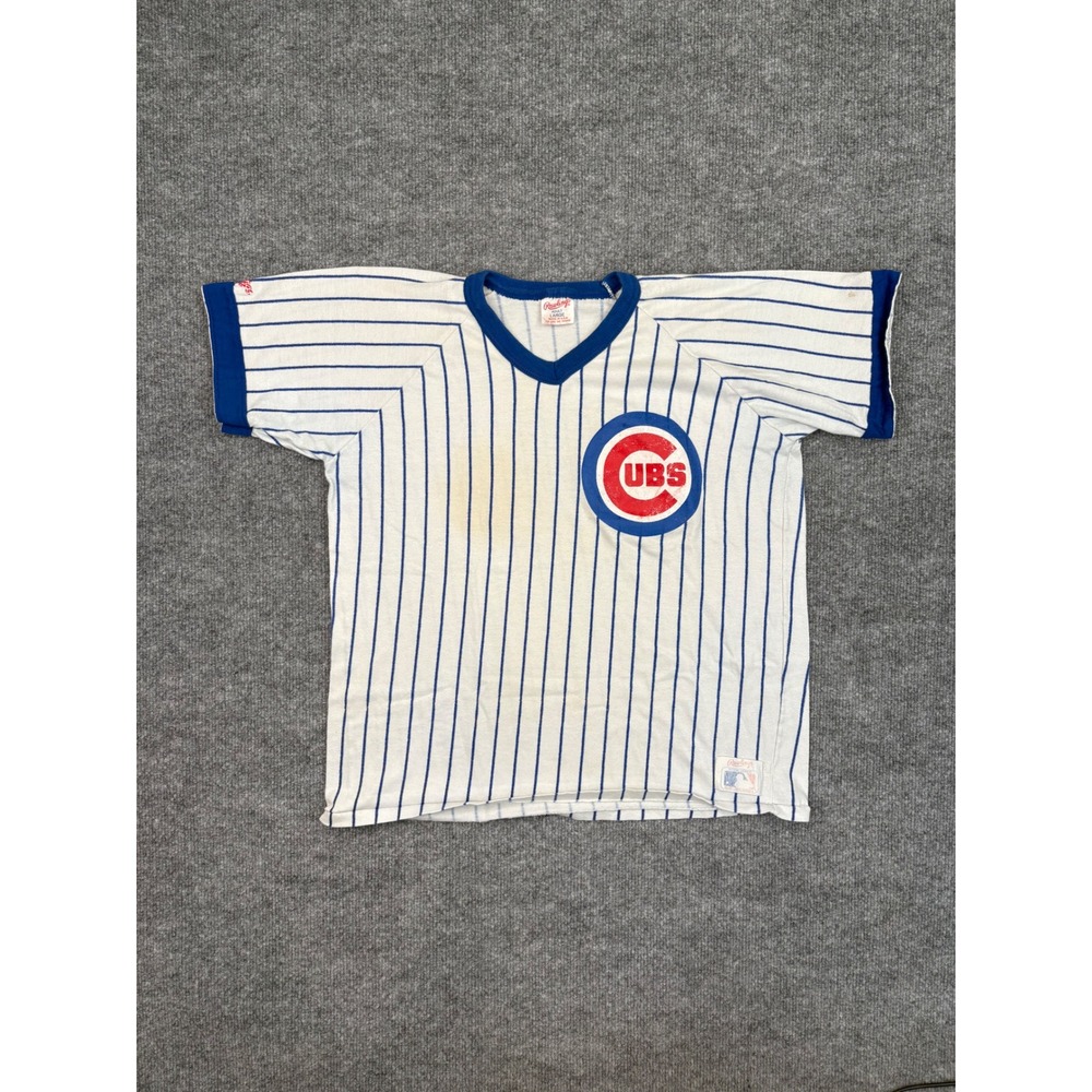 Vintage Rawlings Chicago Cubs MLB Pinstripe Jersey Shirt V-Neck Made in USA L‎
